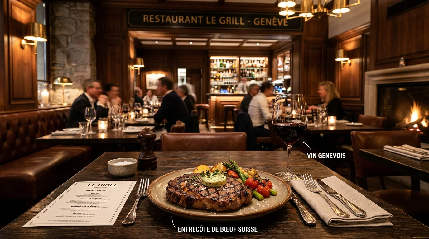 Entrecôte de bœuf grillée dressée dans un steakhouse élégant à Genève