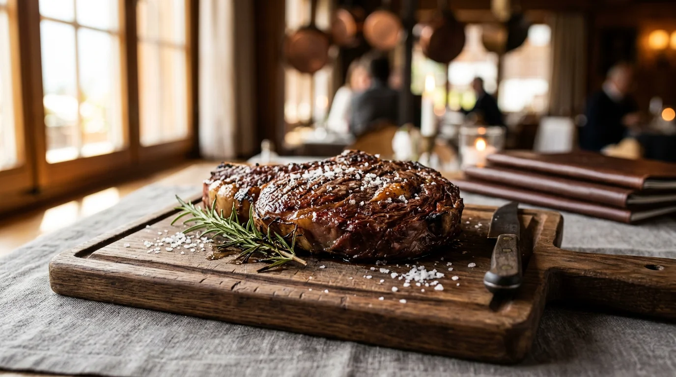 Pièce de bœuf grillée servie sur une planche en bois dans un steakhouse