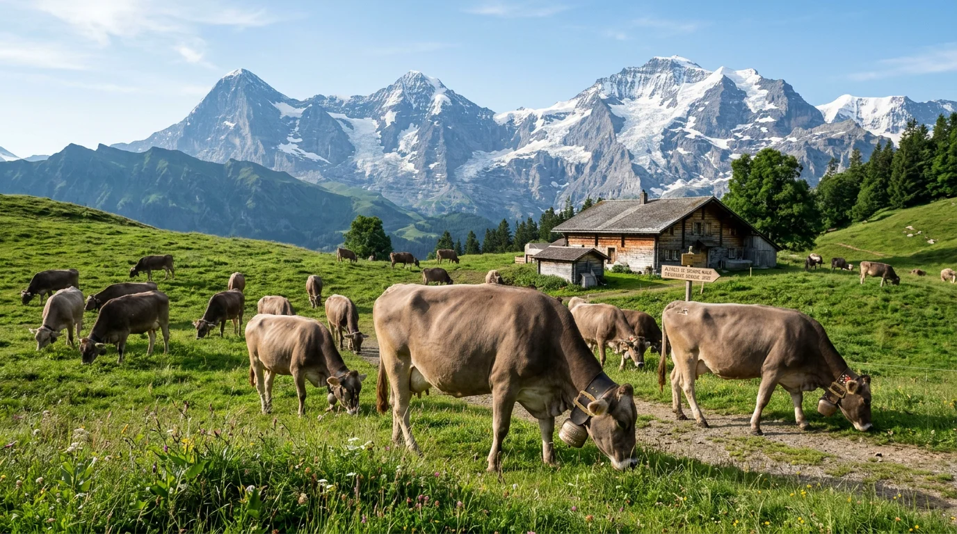 Bovins en pâturage dans un paysage suisse illustrant un élevage respectueux
