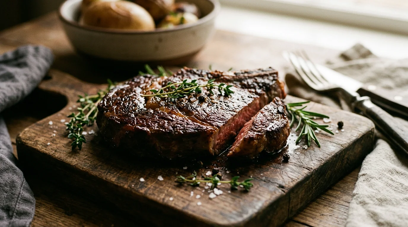 Pièce de bœuf grillée présentée sur une planche en bois