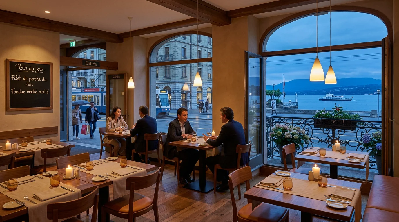 Salle chaleureuse d'un restaurant du quartier des Eaux-Vives à Genève au crépuscule