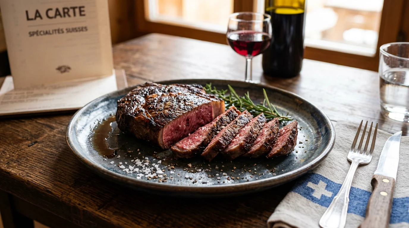 Pièce de bœuf d'exception grillée et tranchée servie dans un restaurant à Genève