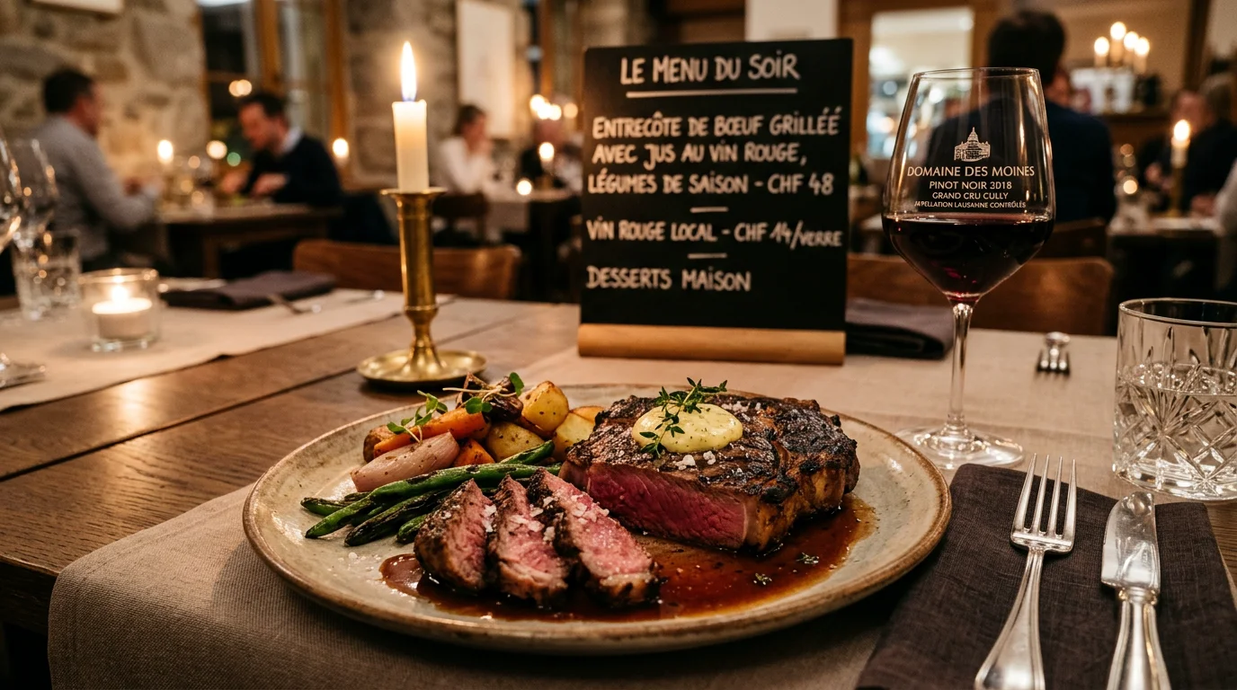 Pièce de bœuf grillée dressée dans un restaurant à Genève