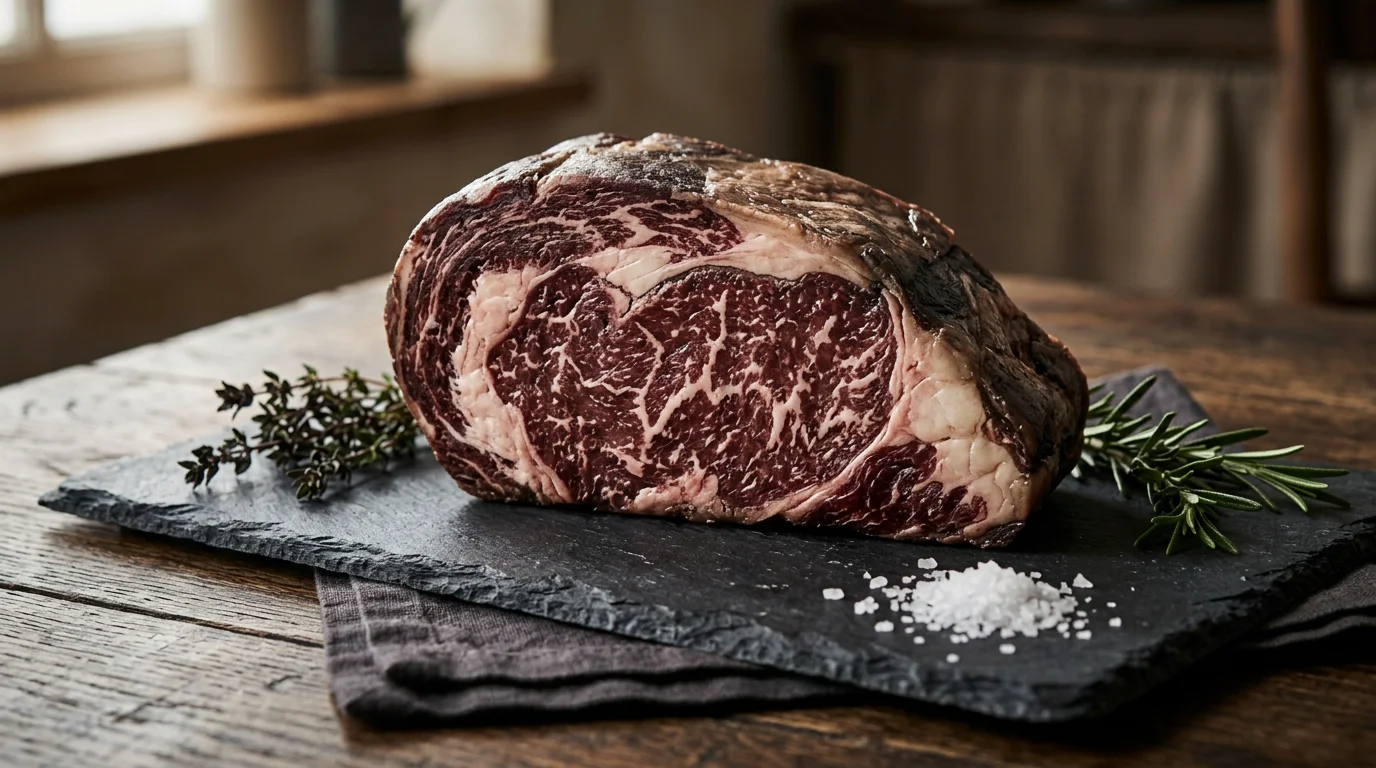 Pièce de bœuf d'exception maturée présentée sur une ardoise