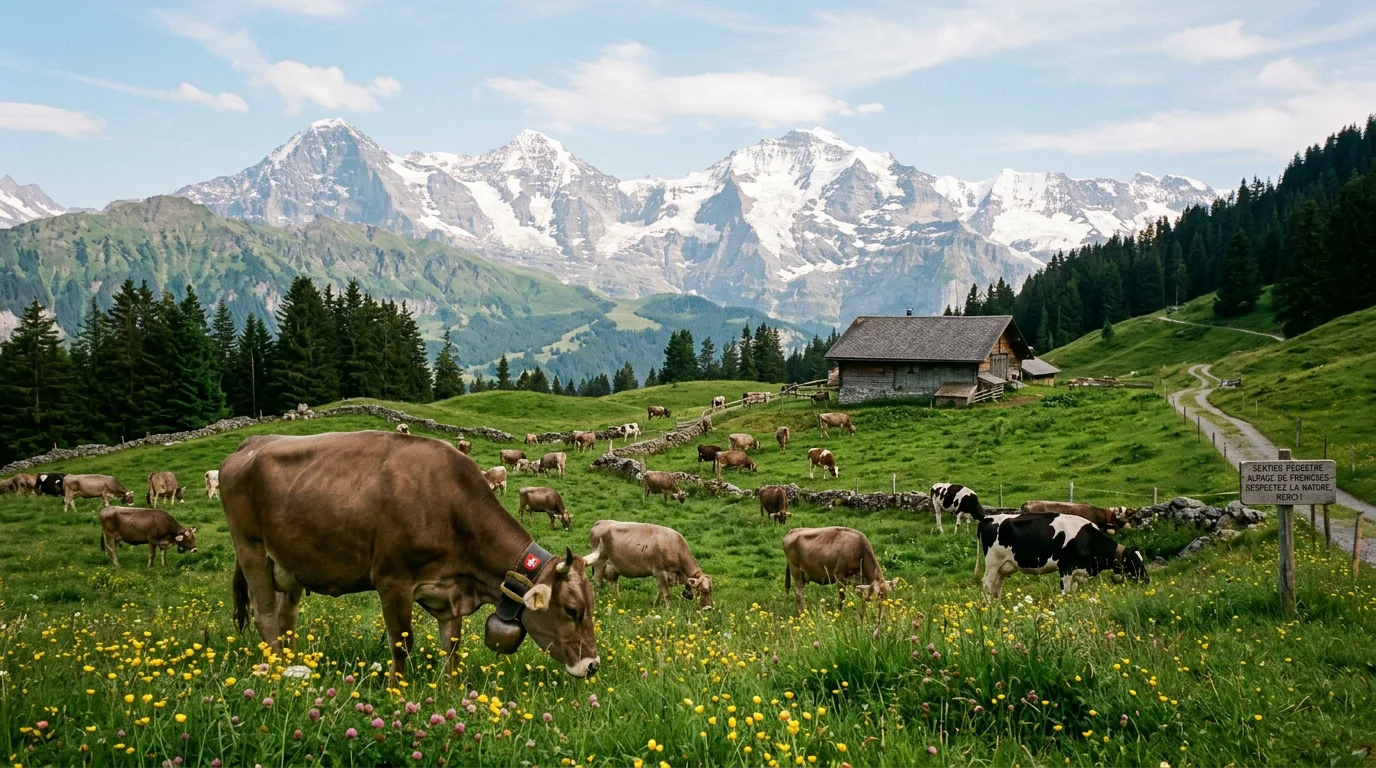 Bovins en pâturage libre dans un paysage alpin suisse