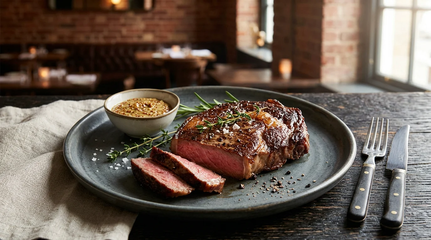 Pièce de bœuf grillée dressée avec soin dans un restaurant gastronomique