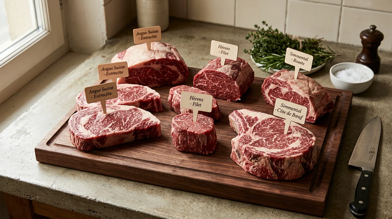 Pièces de bœuf de différentes races présentées sur une planche en bois