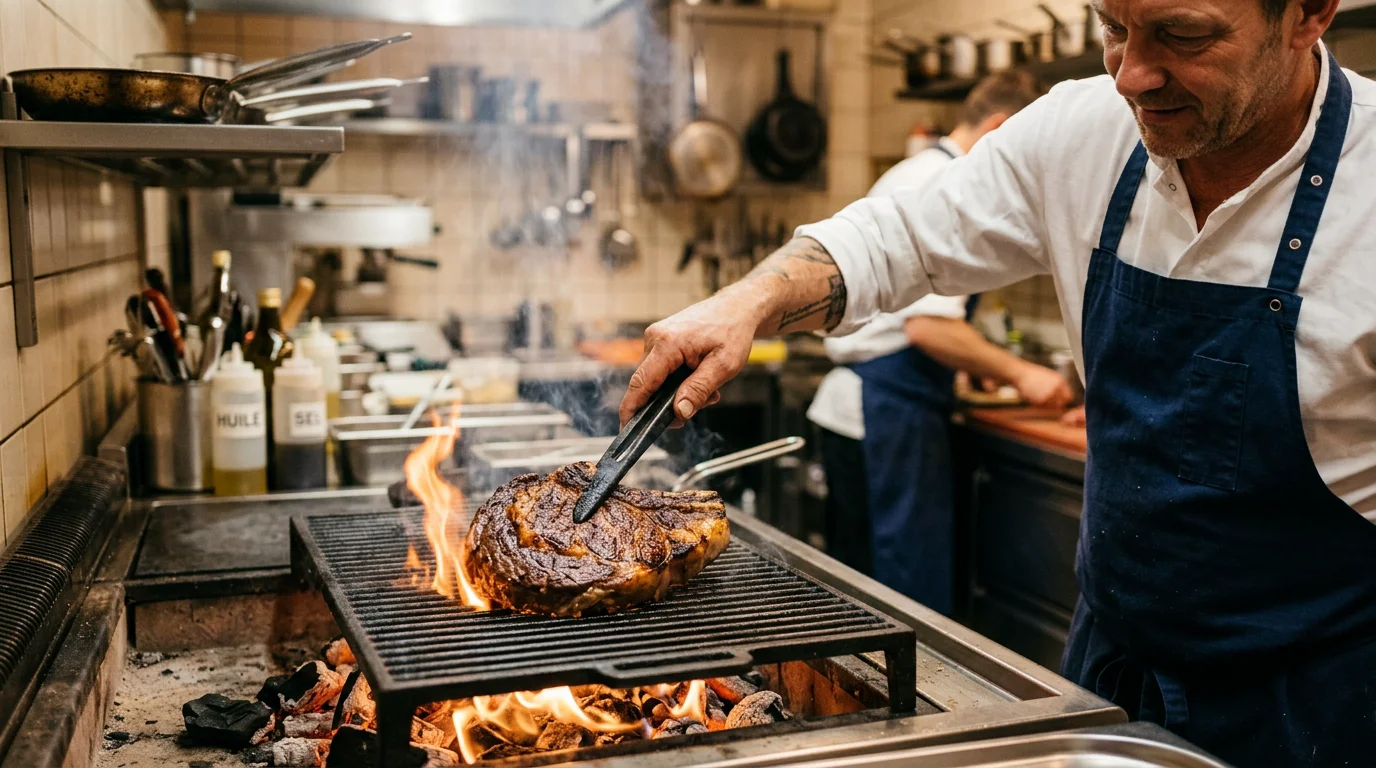 Pièce de bœuf cuite sur un grill à braise en cuisine professionnelle