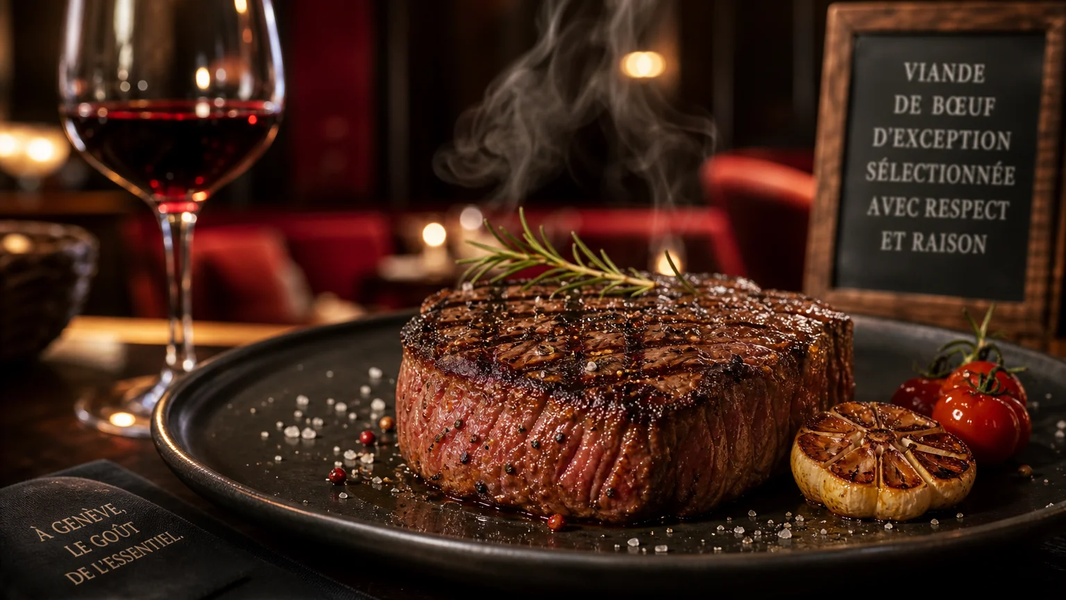 Steak de bœuf d'exception dressé dans un restaurant à Genève