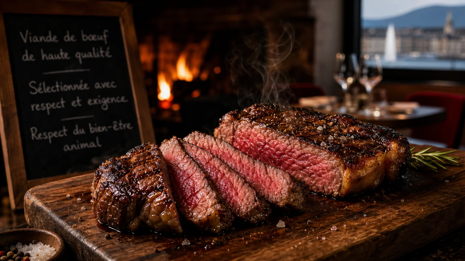 Pièce de bœuf grillée au feu de bois présentée sur une planche en bois