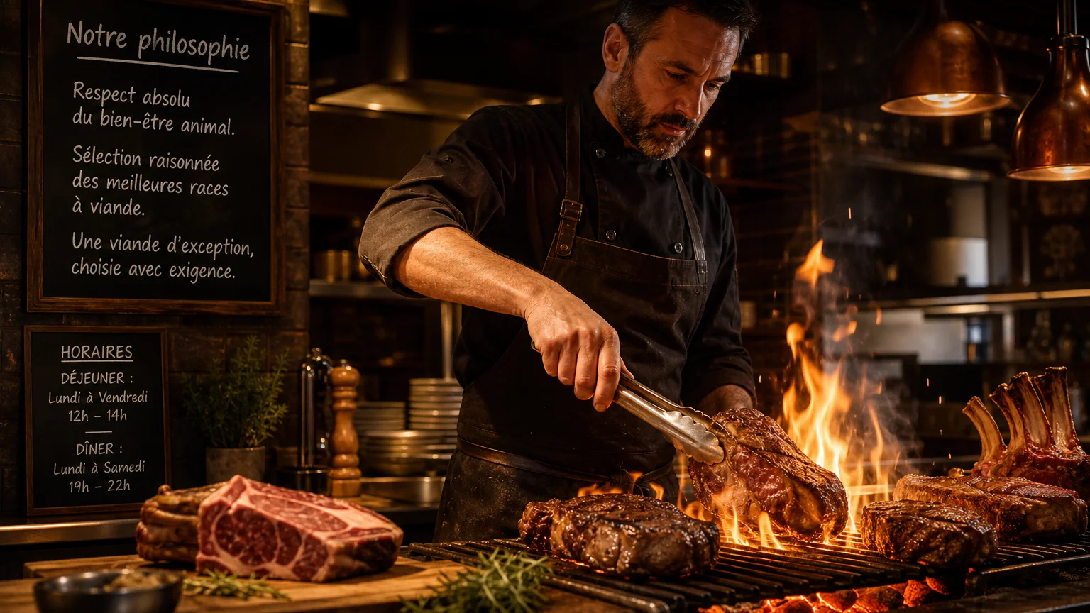 Chef cuisinant des pièces de bœuf au feu de bois dans une cuisine professionnelle