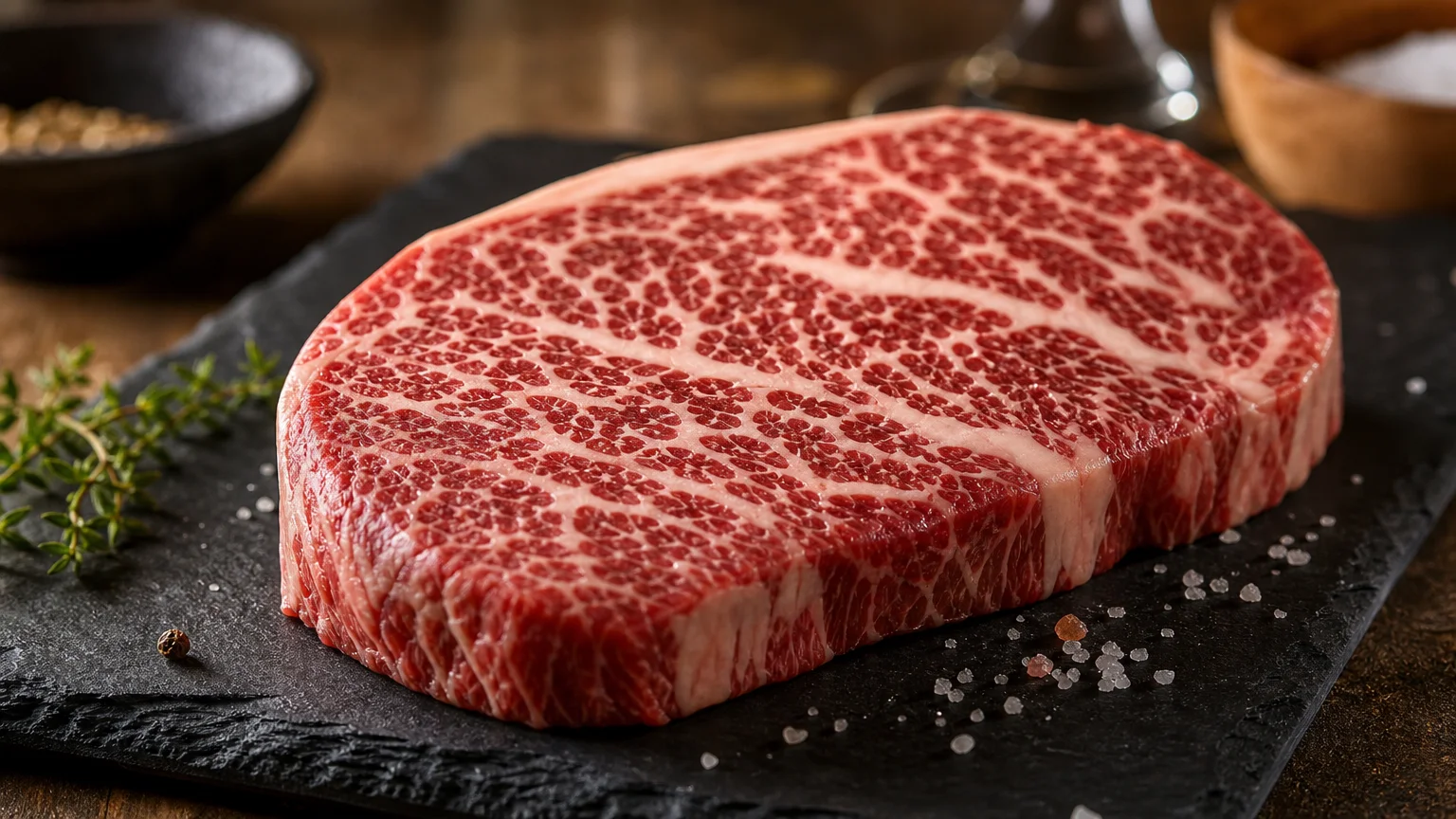 Pièce de wagyu cru au persillage intense sur une ardoise sombre