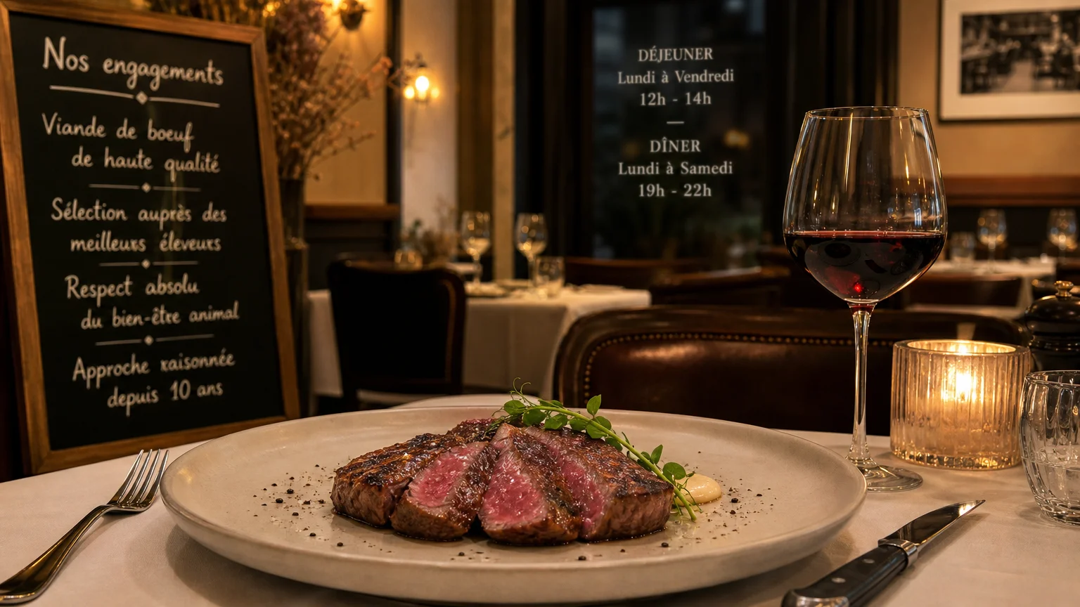 Table de restaurant élégante avec une portion de bœuf persillé saisi
