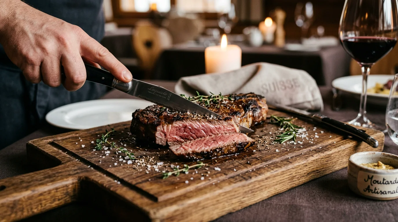 Pièce de bœuf grillée tranchée sur une planche dans un steakhouse à Genève