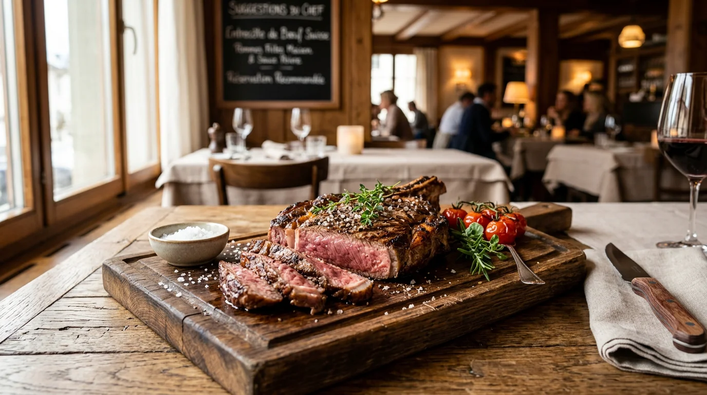 Pièce de bœuf grillée servie sur une planche en bois dans un restaurant de viande