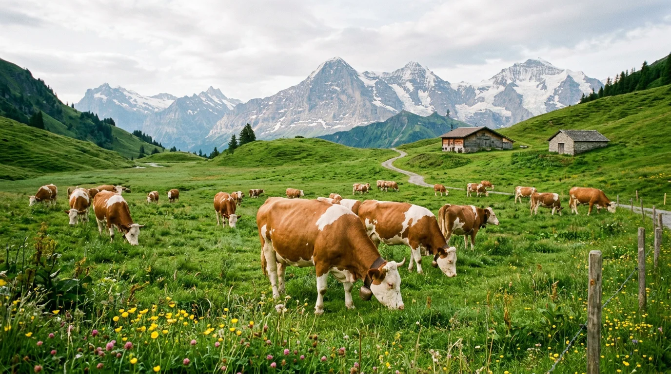 Bovins au pâturage dans une prairie suisse évoquant un élevage respectueux