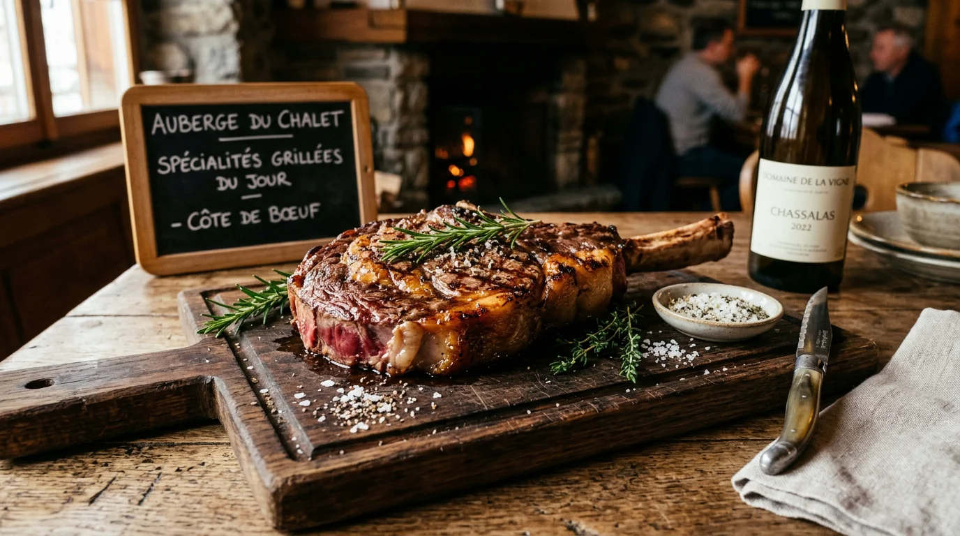 Belle pièce de bœuf grillée à la braise sur une planche en bois