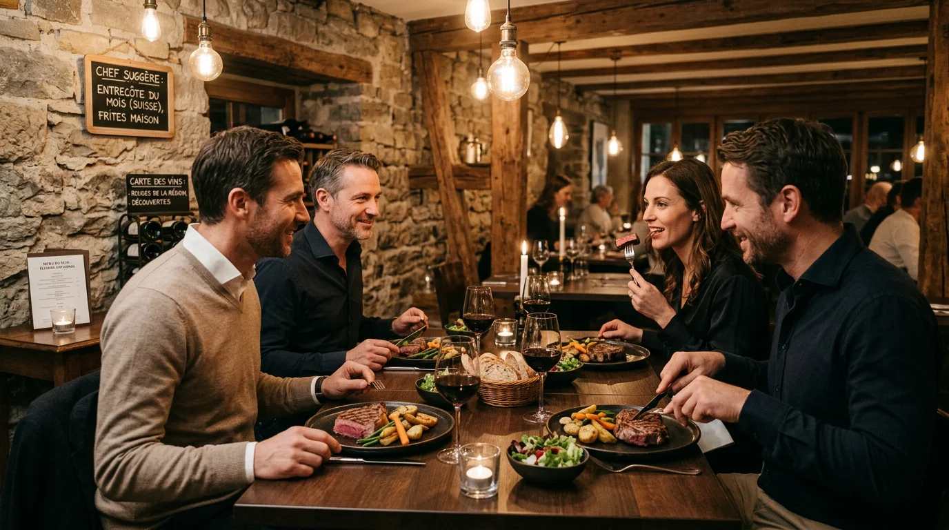 Pièce de bœuf maturée grillée à la braise, dressée dans un restaurant de viande à Genève