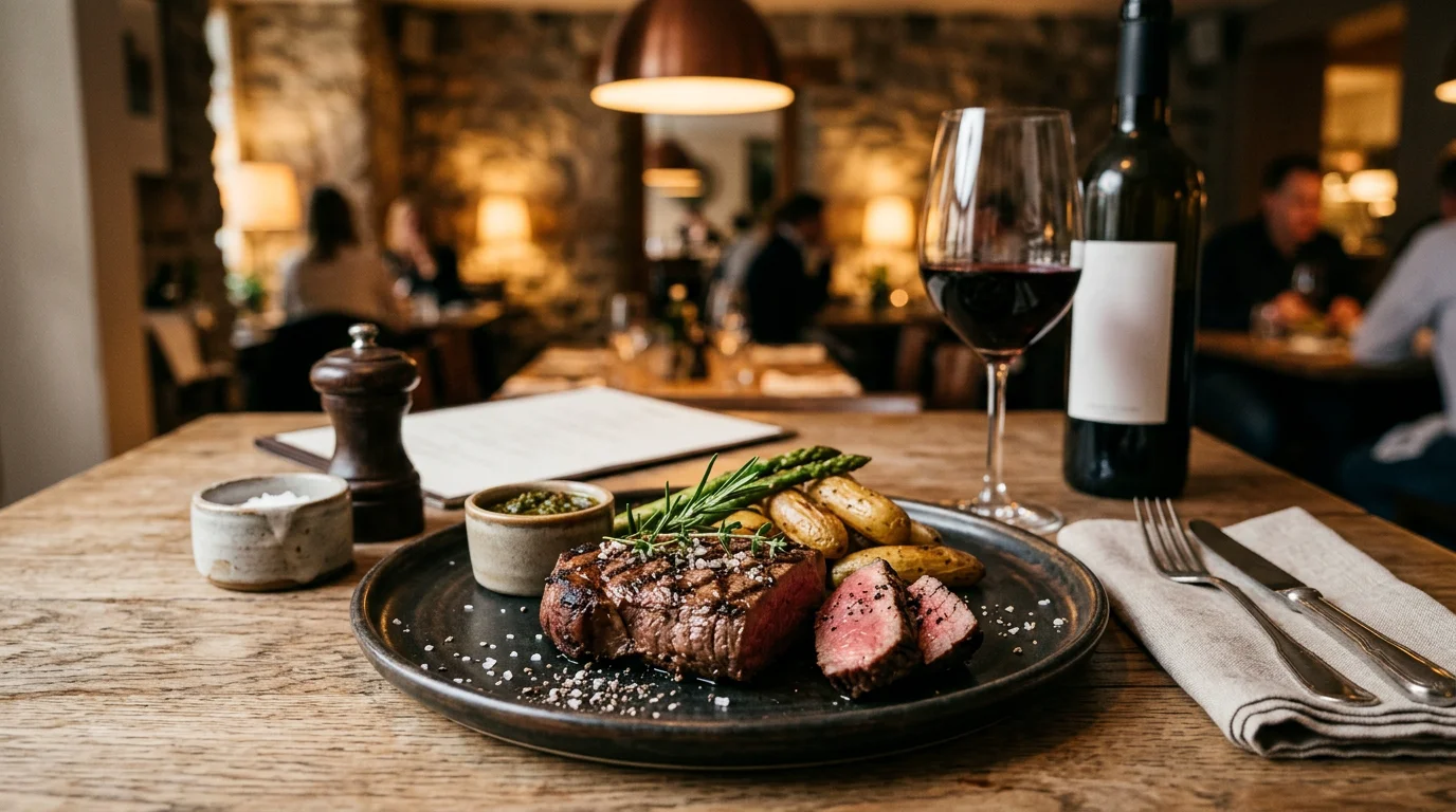 Steak de bœuf grillé dressé avec un verre de vin rouge dans un restaurant