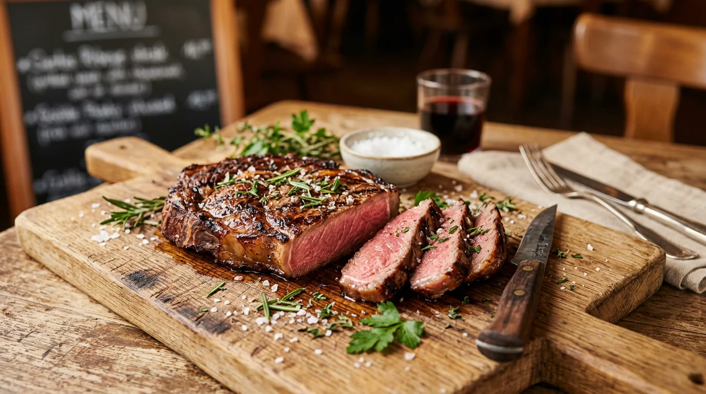 Entrecôte de bœuf grillée tranchée sur une planche en bois