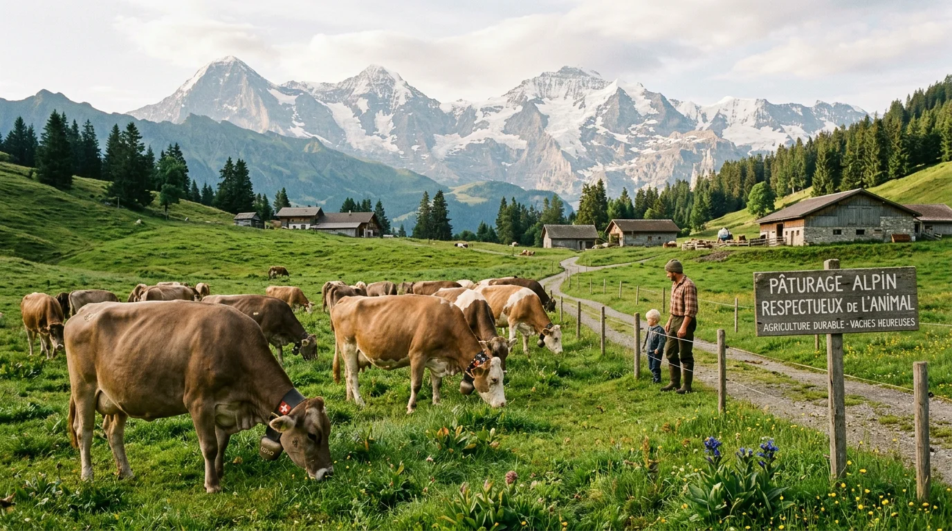 Vaches élevées en plein air dans un pâturage suisse