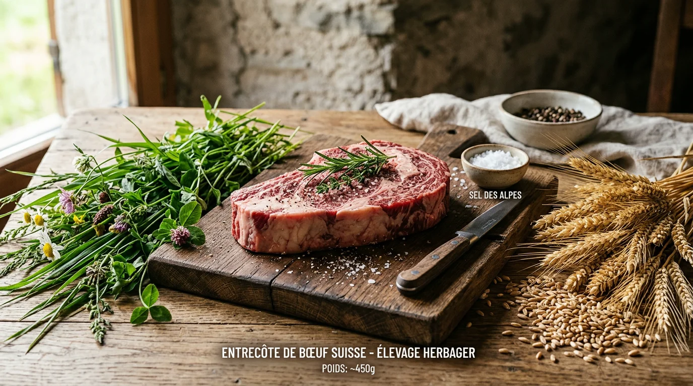 Pièce de bœuf entre herbe et céréales illustrant la comparaison grass-fed et grain-fed
