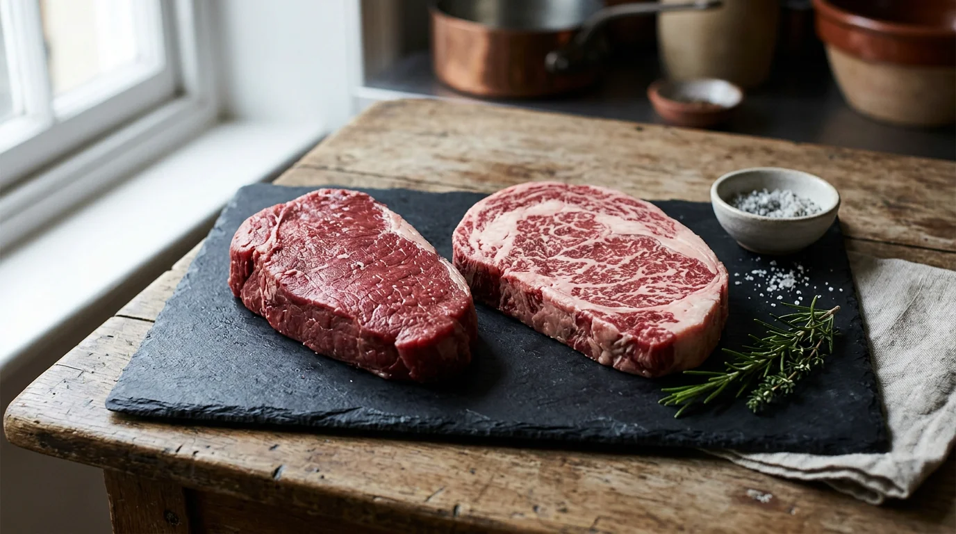 Deux steaks de bœuf crus comparant une viande maigre et une viande persillée