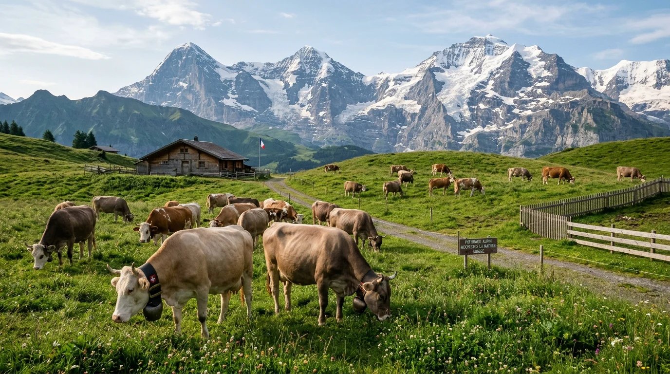 Bovins en pâturage libre dans un paysage alpin suisse