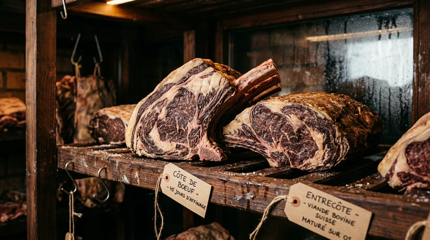 Pièces de bœuf en maturation dans une chambre professionnelle