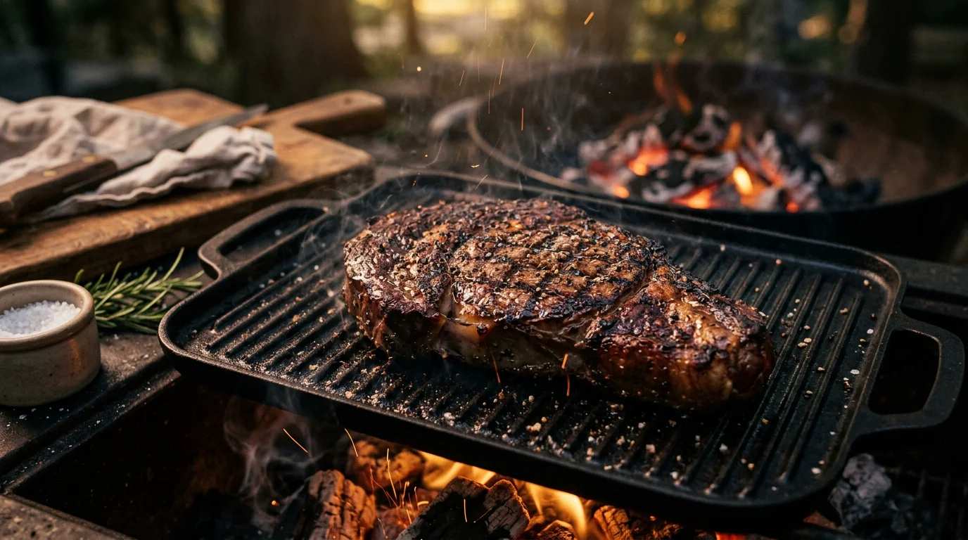Steak de bœuf grillé sur un grill en fonte avec braises