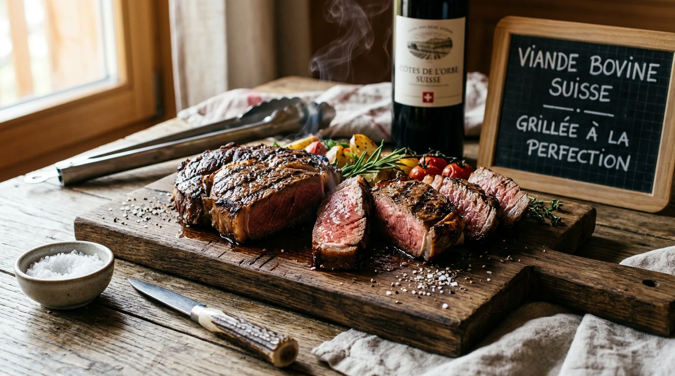 Tranches de bœuf grillées sur une planche en bois avec marques de gril