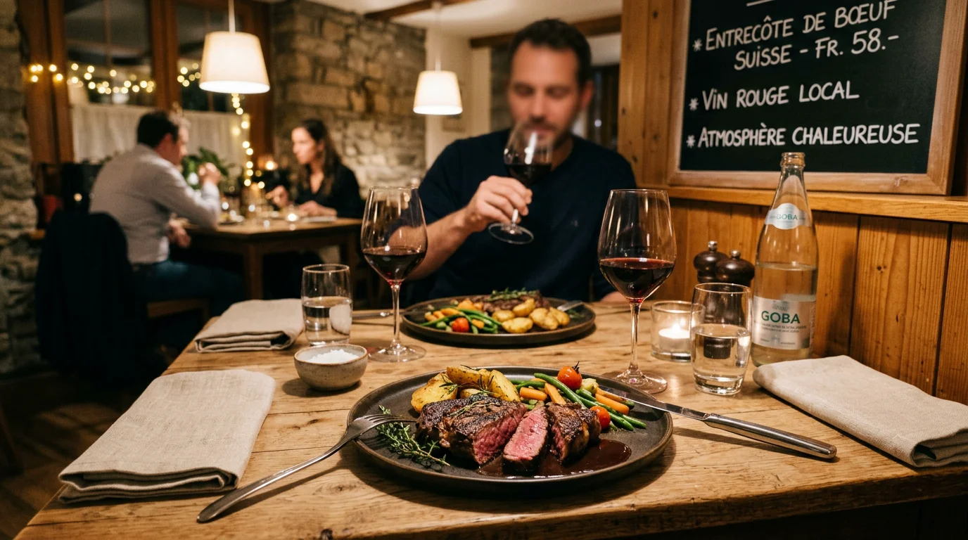 Table de restaurant dressée avec une assiette de steak grillé le soir