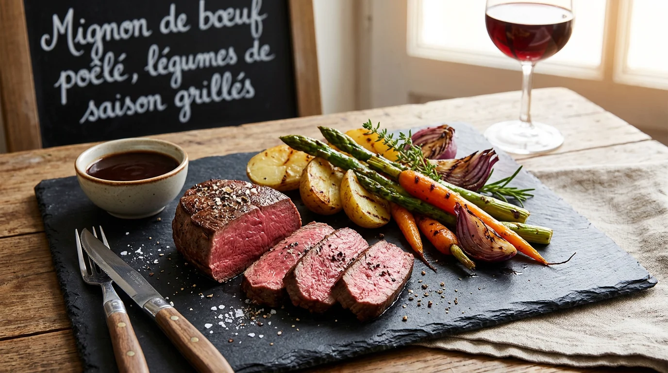 Filet de bœuf saisi tranché à cœur rosé sur une ardoise