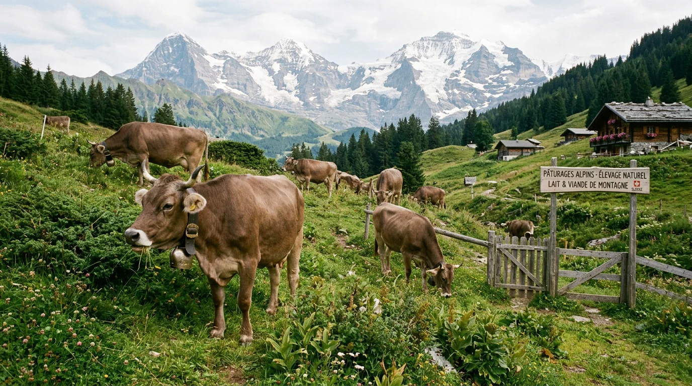 Bovins élevés en plein air dans un pâturage de montagne