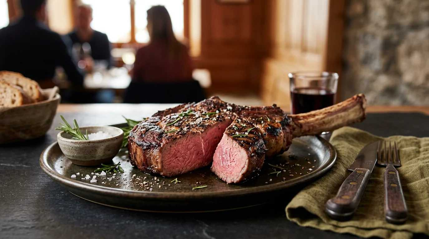 Côte de bœuf grillée et tranchée servie dans un restaurant à Genève