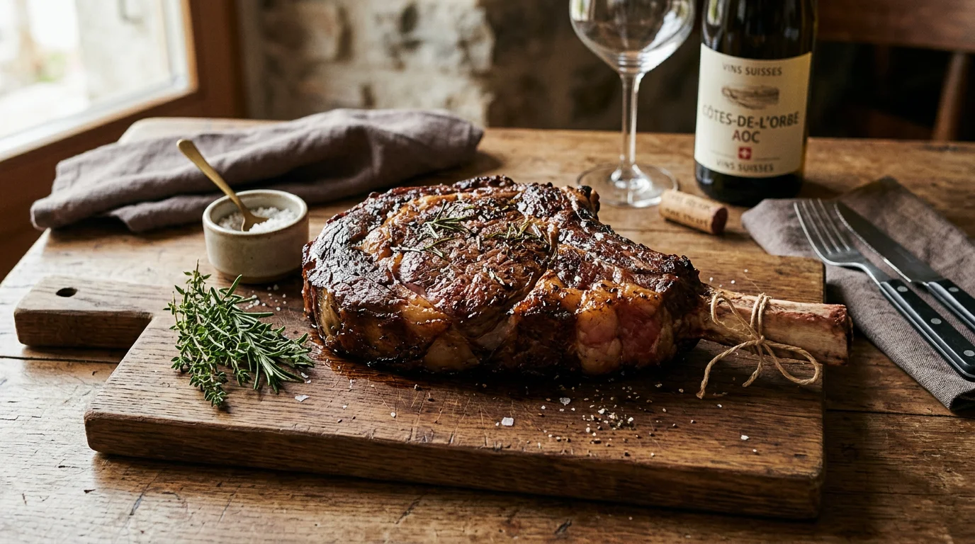 Côte de bœuf persillée posée sur une planche en bois avant cuisson