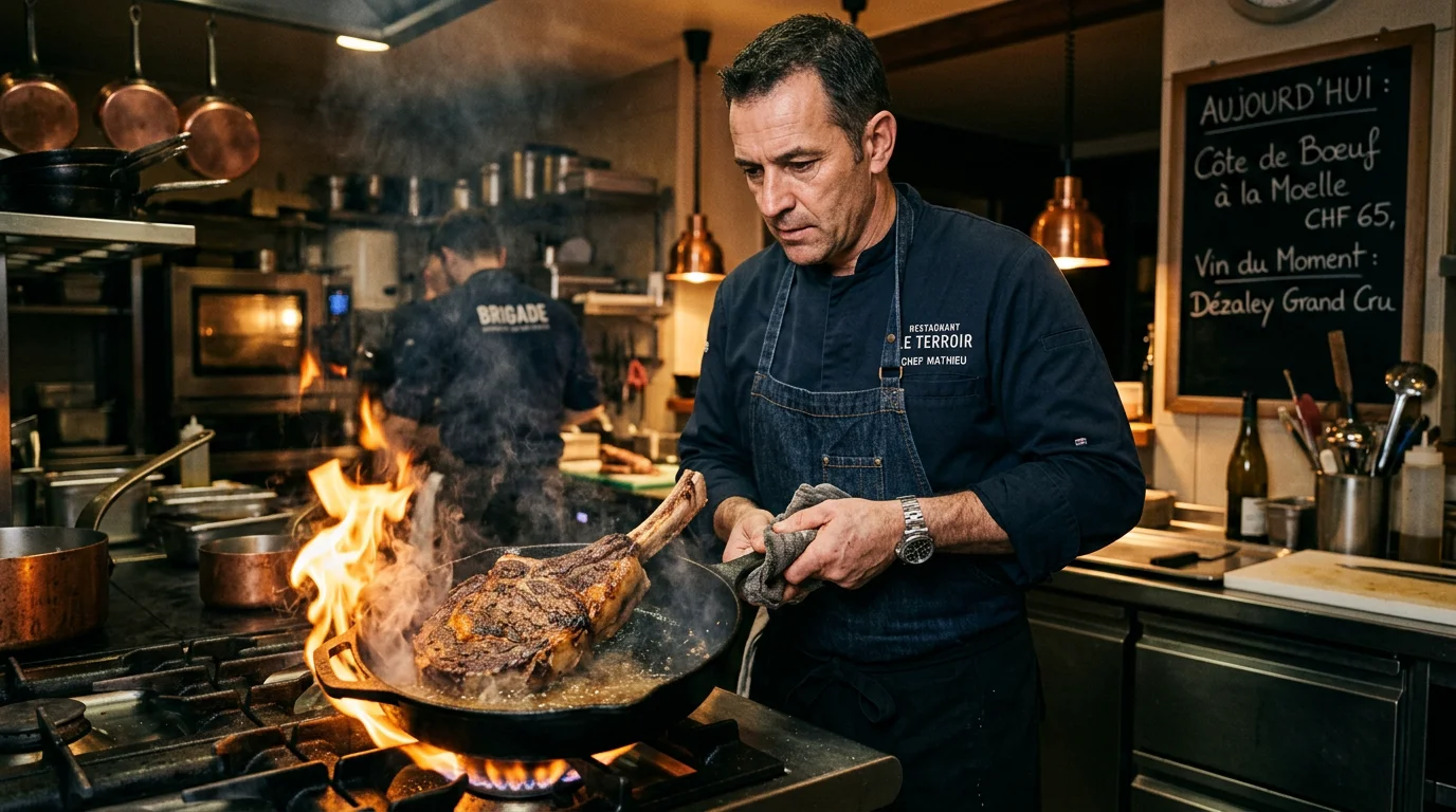 Chef saisissant une côte de bœuf dans une poêle en fonte