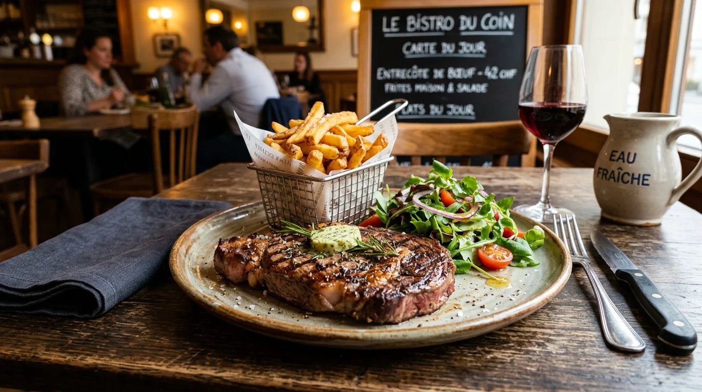 Entrecôte grillée servie avec frites et salade sur une assiette