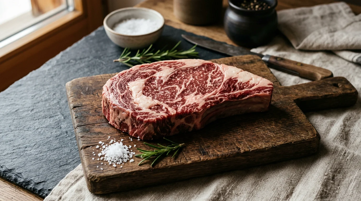 Entrecôte de bœuf crue au persillage visible sur une planche en bois