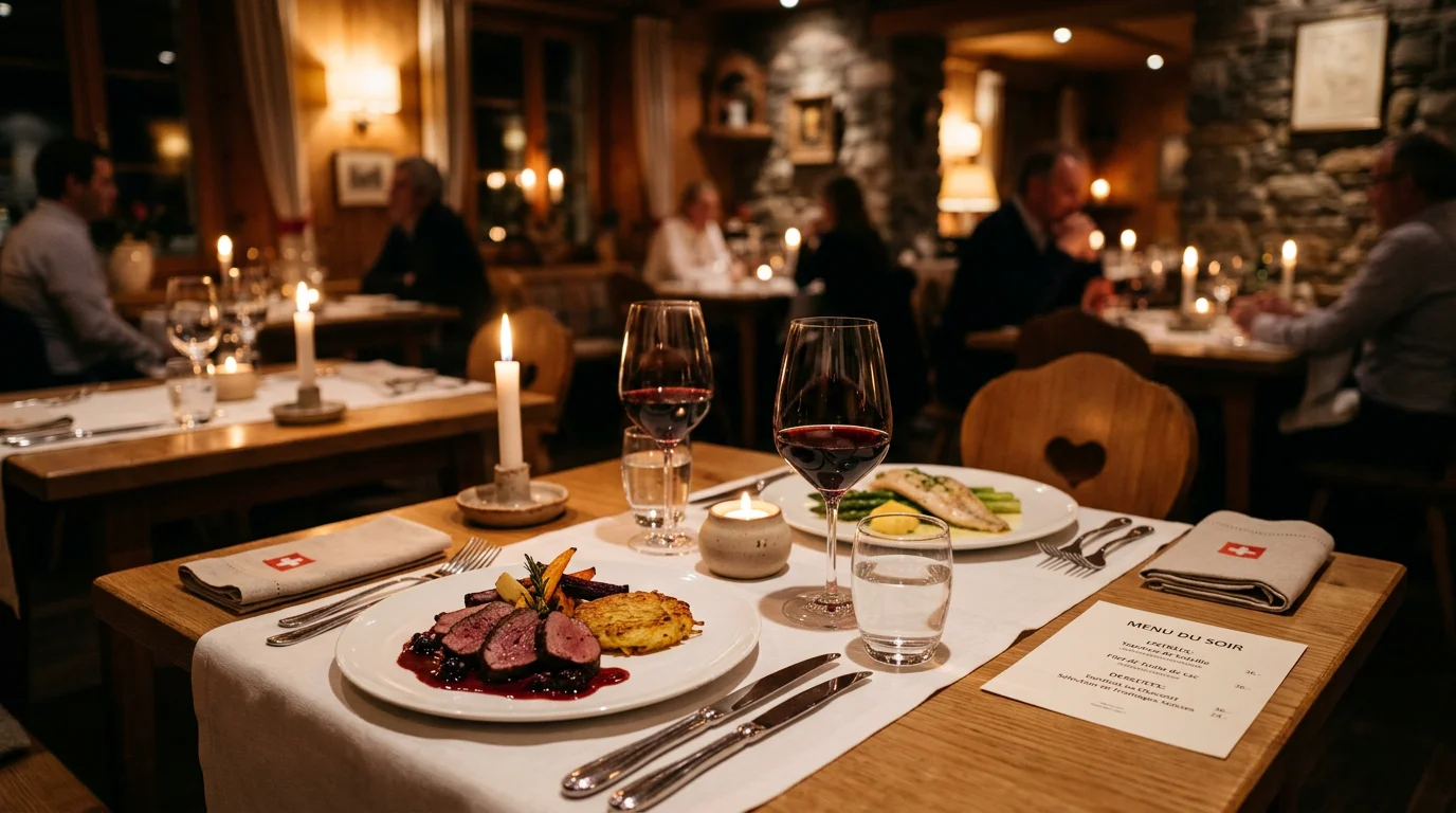 Table dressée pour deux dans un restaurant à l'ambiance tamisée à Genève