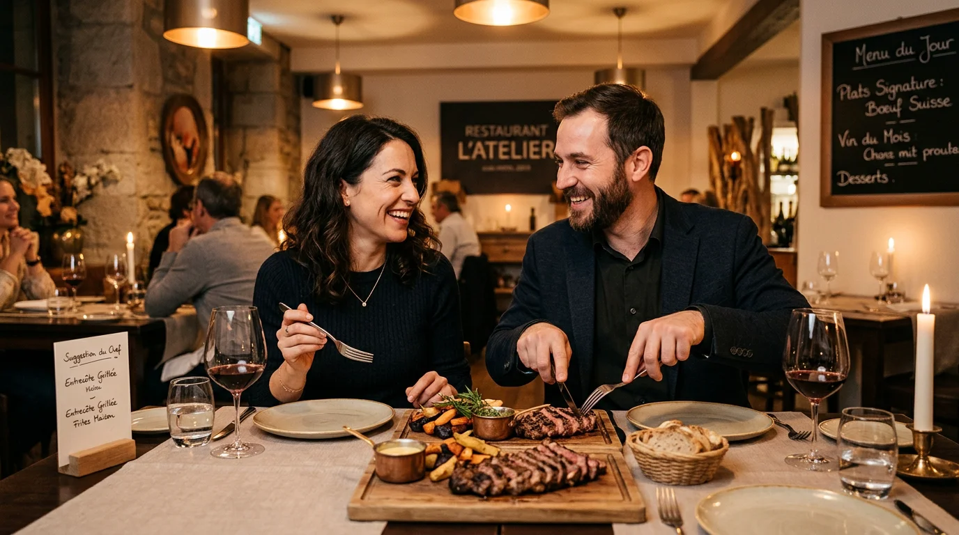 Couple partageant un dîner autour d'une viande grillée dans un restaurant à Genève