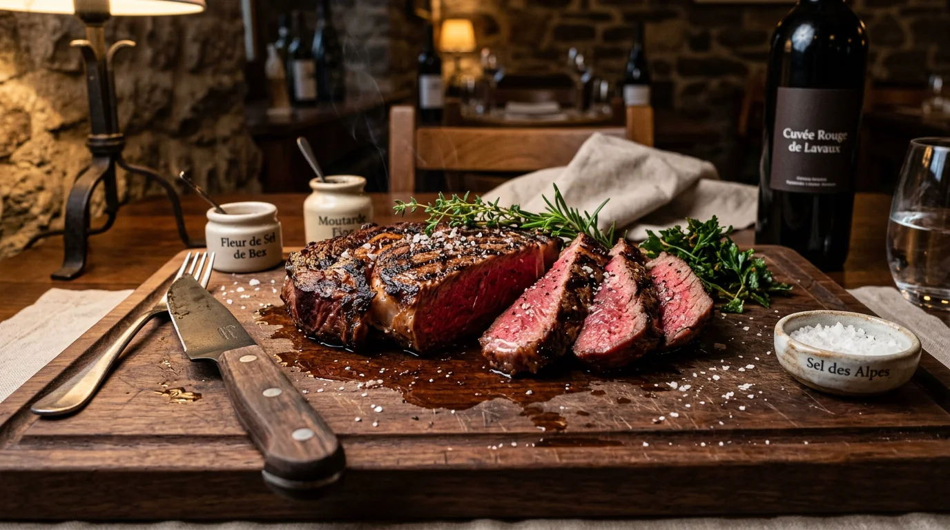 Steak de bœuf grillé à la braise, saignant, découpé sur une planche en bois