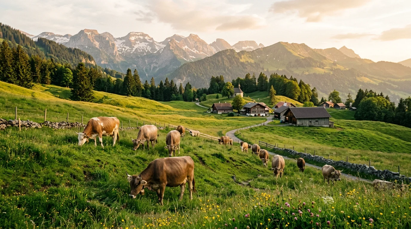 Bovins en liberté dans un pâturage préalpin suisse au coucher du soleil