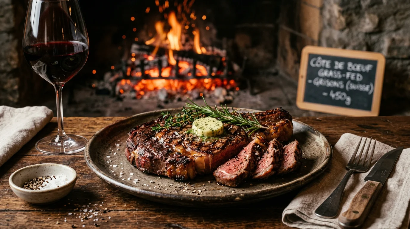 Pièce de bœuf grillée à la braise servie dans un restaurant de viande à Genève
