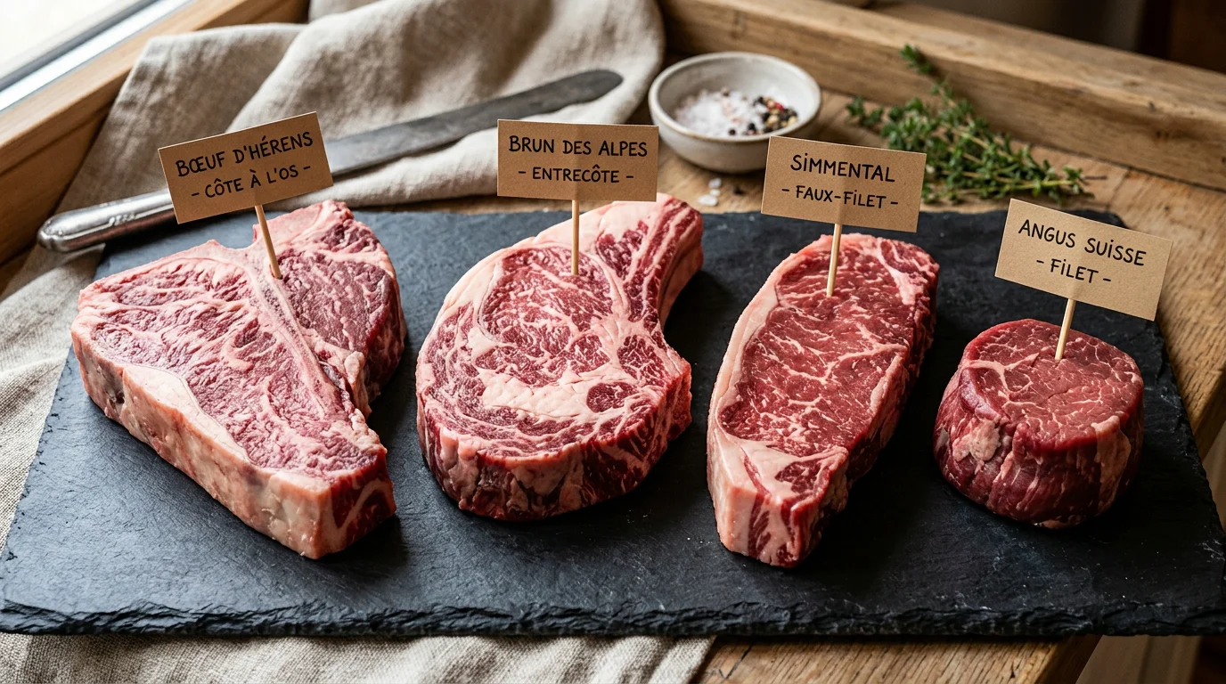 Différentes pièces de bœuf persillé présentées sur une ardoise dans un restaurant de viande à Genève