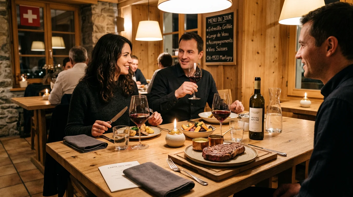 Table dressée pour un dîner de viande dans un restaurant à Genève