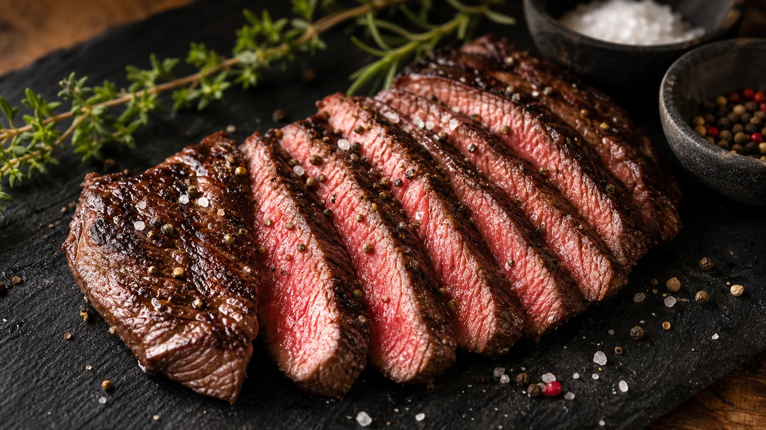 Bavette de bœuf grillée tranchée finement sur une ardoise