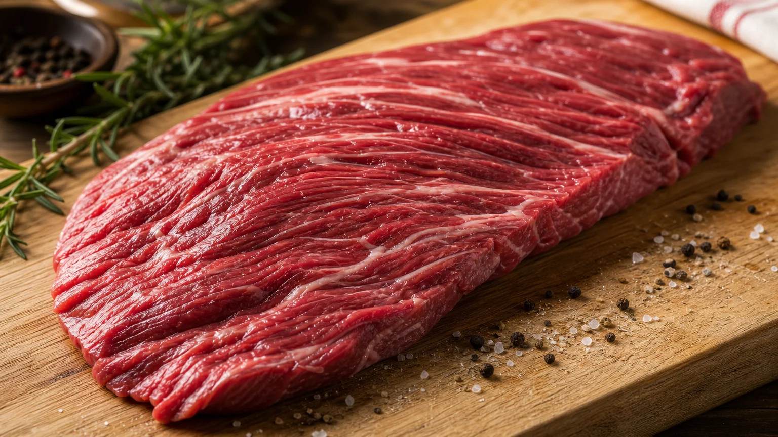 Bavette de bœuf crue sur une planche en bois montrant sa fibre longue