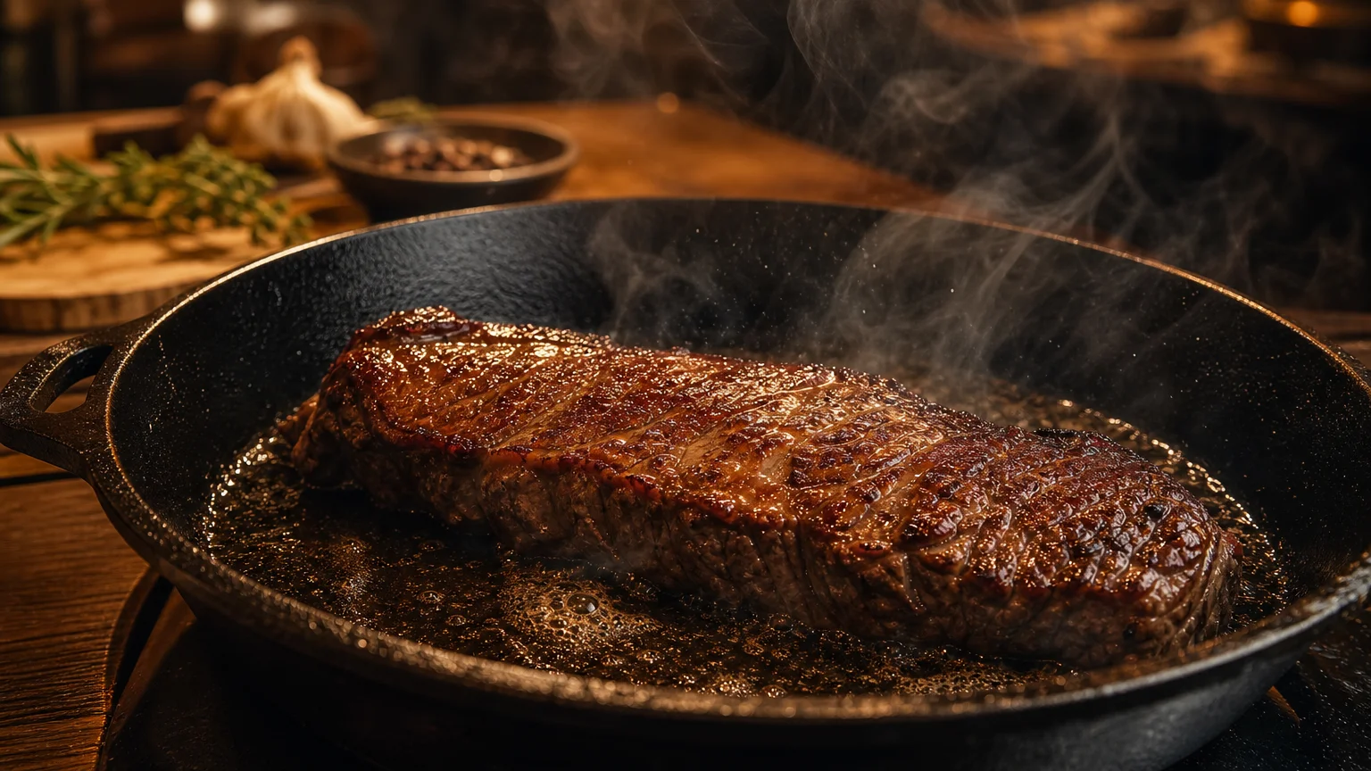Bavette de bœuf saisie dans une poêle en fonte chaude