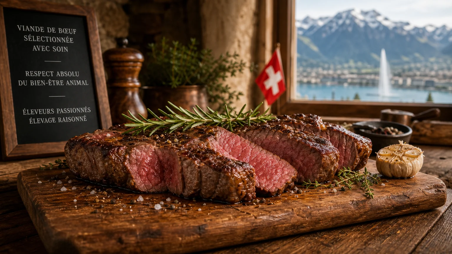 Pièce de viande de bœuf suisse d'alpage présentée sur une planche en bois